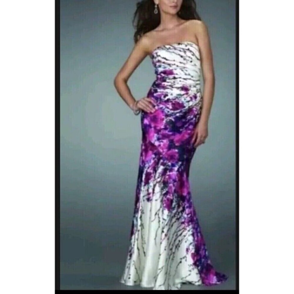 Cache Mermaid Ruched Layered Party Prom Formal Strapless Floral Maxi Dress Sz 8